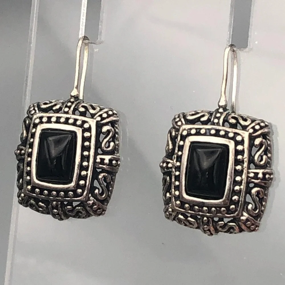 Vintage Byzantine Onyx Sterling Silver Earrings 925 Square Dangle Gothic Wire